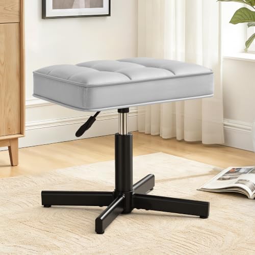 LUE BONA Adjustable Vanity Stool, 15''-19.5'' Foot Rest Under Desk, 360° Swivel Vanity Chair for Makeup Room, Silver Upholstered Faux Leather Ottoman for Bathroom & Living Room, 300lbs by LUEBONA