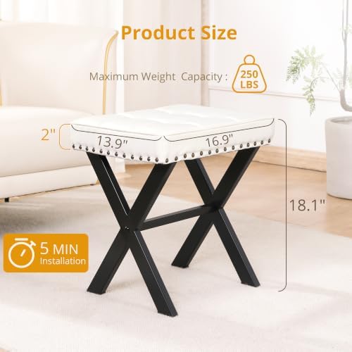 LUE BONA White Vanity Stool - Square Faux Leather Makeup Seat With Metal X Legs, Small Ottoman Chair for Makeup Room, Living Room, Bathroom - Padded Foot Rest - Image 2