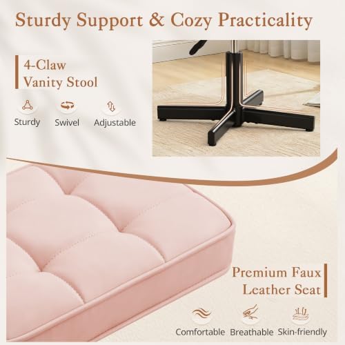 LUE BONA Adjustable Vanity Stool, 15''-19.5'' Foot Rest Under Desk, 360° Swivel Vanity Chair for Makeup Room, Pink Upholstered Faux Leather Ottoman for Bathroom & Living Room, 300lbs - Image 4
