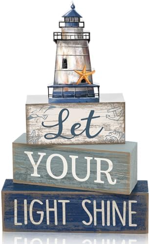 Lineshading 4 Pcs Lighthouse Coastal Decor Wooden Block Signs Rustic by Lineshading