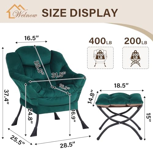 Welnow Lazy Chair with Ottoman, Reading Chair with Footrest,Dark Green - Image 3