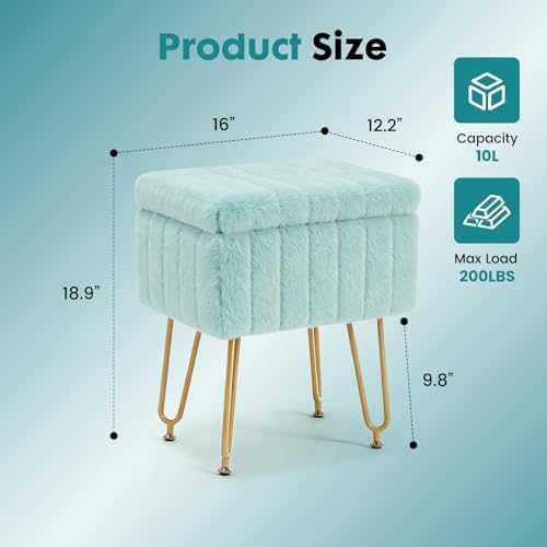 OLIXIS Vanity Stool Chair Faux Fur with Storage, Soft Ottoman 4 Metal Legs with Anti-Slip Feet, Makeup Cute Soft Small Footstool, Modern Style Faux Fur Seat for Makeup, Bedroom Dresser, Mint Green - Image 2