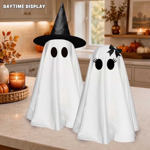 2 Pack 24 Inch Halloween Ghost Decorations, Light Up Ghosts with Witch Hats, DIY Spooky Ghost Decor with LED Lights for Porch Yard Lawn Garden Home Halloween Party - Image 3