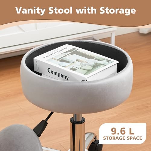 Adjustable Vanity Stool Storage Swivel Rolling Vanity Chair with Wheels - Image 4