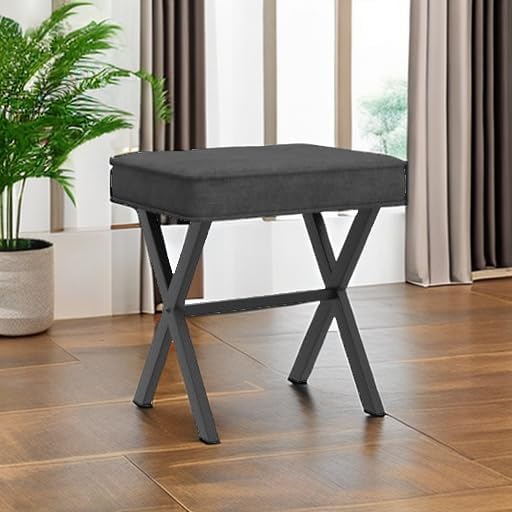 LUE BONA Vanity Stool, Square Linen Makeup Stool with Metal X Legs, Small Ottoman Stool Chair for Vanity, Modern Padded Vanity Seat Foot Rest Stool for Makeup Room, Living Room, Bathroom, Carbon Gray - Image 5