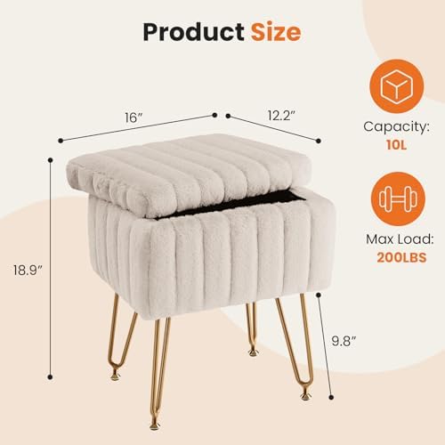 DUMOS Vanity Stool Chair, Ottoman with Storage, Makeup Cute Soft Small Footstool, Modern Style Faux Fur Seat with 4 Metal Legs & Adjustable Feet for Dressing, Living Room Bedroom Dorm, Taupe - Image 3