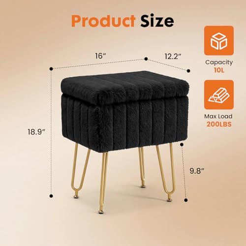 DUMOS Vanity Stool Chair with Storage, Small Ottoman Faux Fur Soft Padded Footstools Seat with 4 Metal Legs Anti-Slip Adjustable Feet Modern Footrest for Home Entryway Bedroom Makeup Black - Image 2