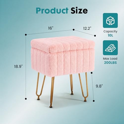 OLIXIS Vanity Stool Chair Faux Fur with Storage, Soft Ottoman 4 Metal Legs with Anti-Slip Feet, Makeup Cute Soft Small Footstool White for Makeup, Cute Small Footrest for Dressing Table - Image 2