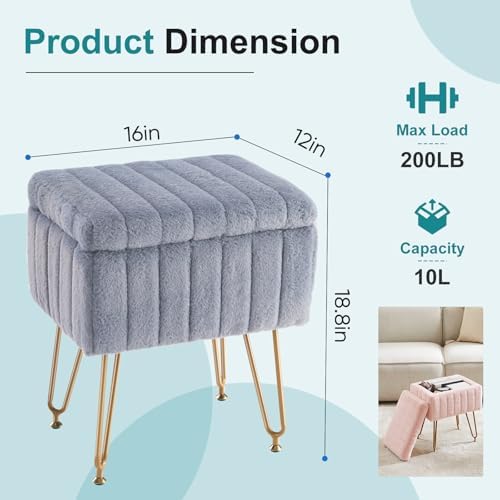 DUMOS Vanity Storage Ottoman Stool, Compact Faux Fur Footstool with Soft Seat, Modern Cute with 4 Metal Legs & Adjustable Feet for Bedroom, Living Room, Dressing Area & Dorm Grey - Image 2