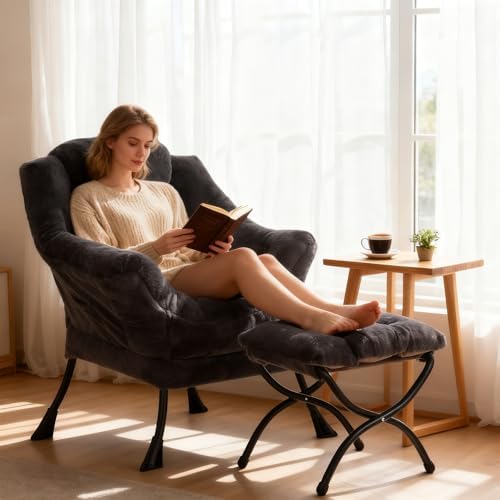Welnow Lazy Chair with Ottoman, Reading Chair with Footrest, Navy Blue - Image 2