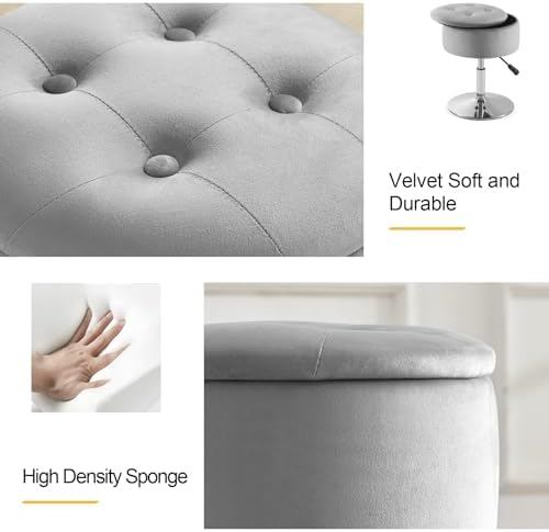 Gitrah Grey Vanity Stool Chair with Storage Swivel Adjustable Makeup Stool - Image 6