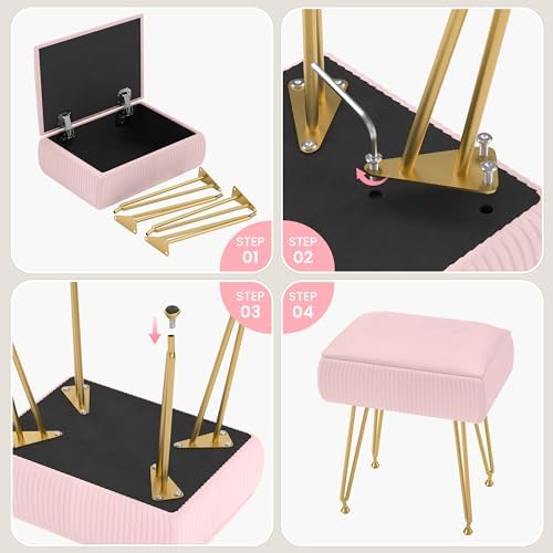Marching Pin Vanity Stool Chair with Storage, Ottoman Faux Fur Soft Padded Makeup Footstools Seat with 4 Metal Legs Anti-Slip Adjustable Feet Modern Cute Small Footrest for Home Entryway Bedroom - Image 6
