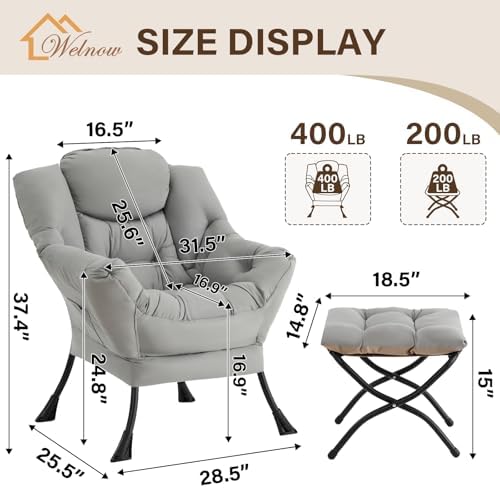 Welnow Lazy Chair with Ottoman, Reading Chair with Footrest,Soft Gray - Image 3