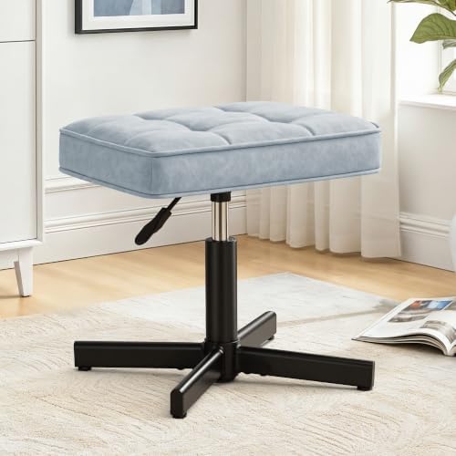 LUE BONA Adjustable Vanity Stool, 15''-19.5'' Foot Rest Under Desk, 360° Swivel Vanity Chair for Makeup Room, Blue Upholstered Faux Leather Ottoman for Bathroom & Living Room, 300lbs by LUEBONA
