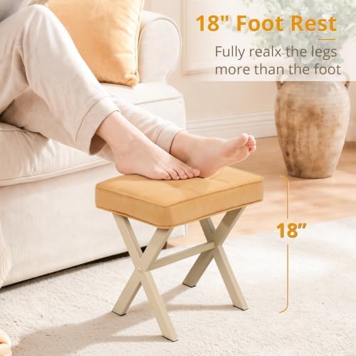 LUE BONA Vanity Stool, Square Linen Makeup Stool with Metal X Legs, Small Ottoman Stool Chair for Vanity, Modern Padded Vanity Seat Foot Rest Stool for Makeup Room, Bathroom, Honey Brown Color - Image 6
