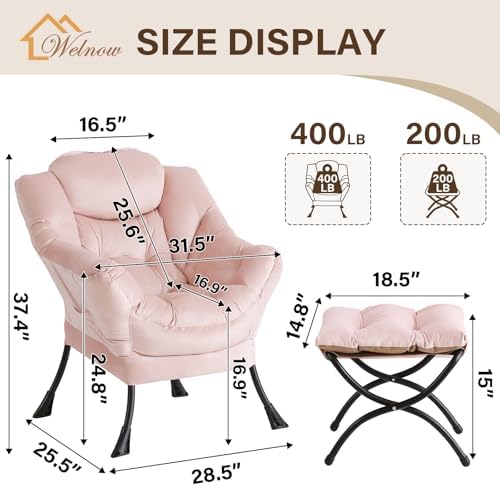 Welnow Lazy Chair with Ottoman, Reading Chair with Footrest, Pink - Image 3