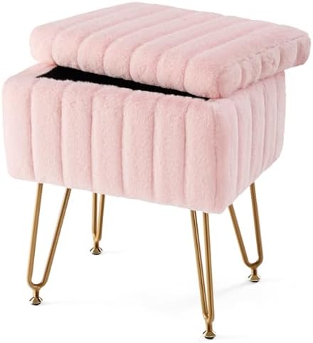 Sweetcrispy Vanity Stool Chair with Storage, 18.9”H x 16”L x 12.2”W Ottoman Chair Faux Fur Soft Padded Makeup Footstools Seat with 4 Metal Legs Anti-Slip Adjustable Feet for Make Up, Pink by Sweetcrispy