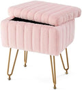 Sweetcrispy Vanity Stool Chair with Storage, 18.9”H x 16”L x 12.2”W Ottoman Chair Faux Fur Soft Padded Makeup Footstools Seat with 4 Metal Legs Anti-Slip Adjustable Feet for Make Up, Pink by Sweetcrispy