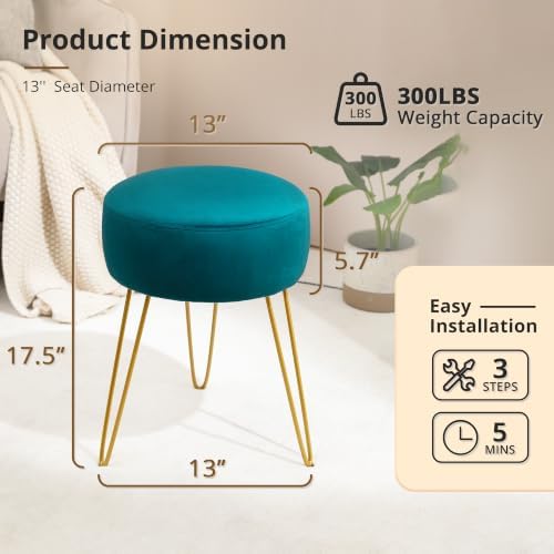 LUE BONA Vanity Stool, Teal Vanity Stools for Makeup Room, Round Ottoman Foot Stool, Velvet Footrest Vanity Chair for Bathroom Vanity, Bedroom, Living Room, Entryway, Offices, 300lbs - Image 3