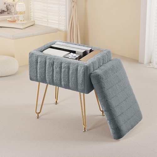 DUMOS Vanity Storage Ottoman Stool, Compact Faux Fur Footstool with Soft Seat, Modern Cute with 4 Metal Legs & Adjustable Feet for Bedroom, Living Room, Dressing Area & Dorm Grey by DumosLifestyle