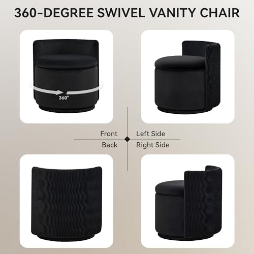 WUTUTUEE Large Velvet Vanity Chair with Storage, 360° Swivel Makeup Chair with Wave Back, No Assembly Small Accent Stool for Bedroom, Dressing, Living Room, Black - Image 6