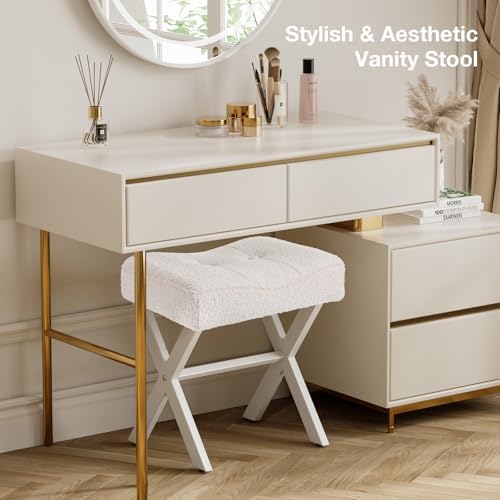 Memobarco 18-Inch Vanity Stool Chair, White Padded Saddle Makeup Stool - Image 6