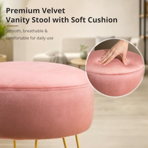 LUE BONA Vanity Stool, Pink Vanity Stools for Makeup Room, Round Ottoman Foot Stool, Velvet Footrest Vanity Chair for Bathroom Vanity, Bedroom, Living Room, Entryway, Offices, 300lbs - Image 6