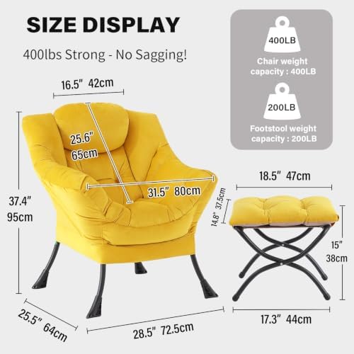Tiita Lazy Chair with Ottoman, Comfy Reading Accent Chair, Velvet Yellow - Image 2