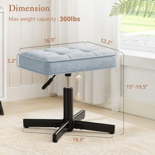 LUE BONA Adjustable Vanity Stool, 15''-19.5'' Foot Rest Under Desk, 360° Swivel Vanity Chair for Makeup Room, Blue Upholstered Faux Leather Ottoman for Bathroom & Living Room, 300lbs - Image 2