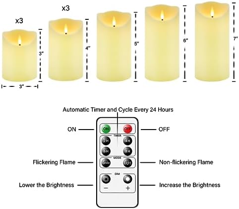 Nimiko Flameless Candles with Remote, Battery Operated Flickering Flameless Candles, LED Candles with Timer 2/4/6/8H, with Realistic LED Candles Set of 9 (D3 x H 3" 4" 5" 6" 7") (Ivory) - Image 5