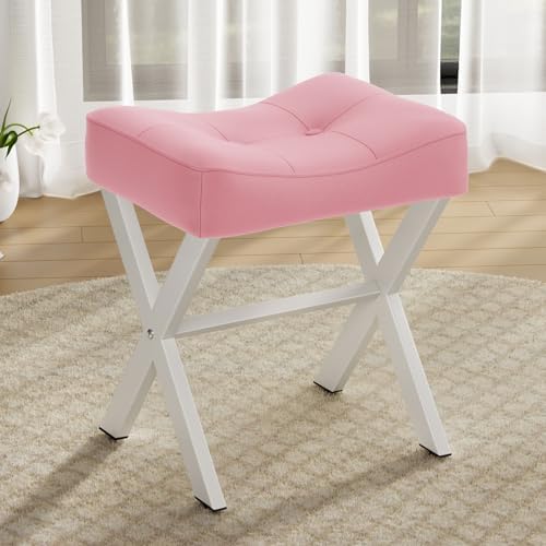 Memobarco 18-Inch Leather Vanity Stool Chair, Pink Saddle Vanity Stool by MEMOBARCO