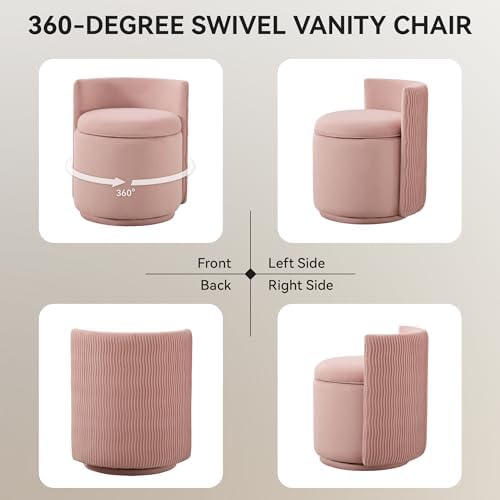 WUTUTUEE Velvet Vanity Chair with Storage, 360° Swivel Makeup Chair with Wave Back, No Assembly Small Accent Stool for Bedroom, Dressing, Living Room, Pink - Image 6