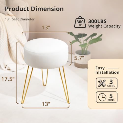 LUE BONA Vanity Stool, White Vanity Stools for Makeup Room, Round Ottoman Foot Stool, Velvet Footrest Vanity Chair for Bathroom Vanity, Bedroom, Living Room, Entryway, Offices - Image 3