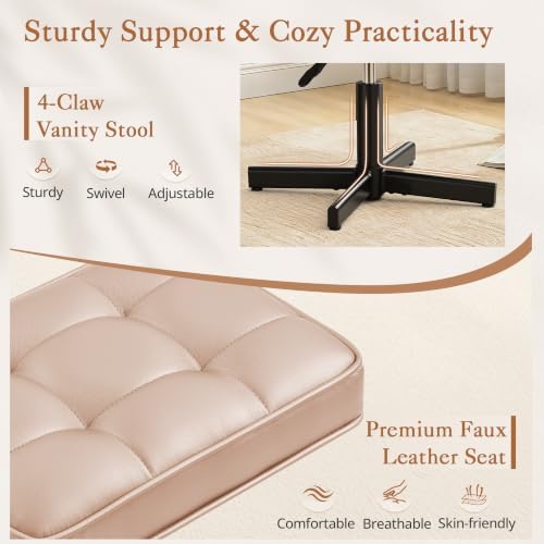 LUE BONA Adjustable Vanity Stool, 15''-19.5'' Foot Rest Under Desk, 360° Swivel Vanity Chair for Makeup Room, Rose Gold Upholstered Faux Leather Ottoman for Bathroom & Living Room, 300lbs - Image 4