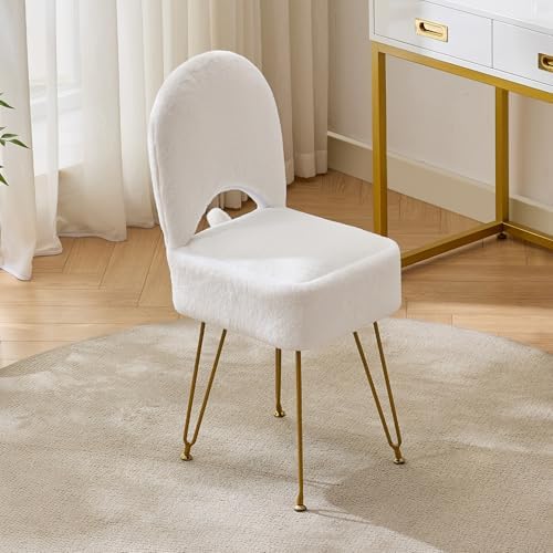 Gitrah White Vanity Chair with Storage, Folding Back Faux Fur Vanity Stool, Makeup Ottoman with Gold Legs for Bedroom/Bathroom - Image 7
