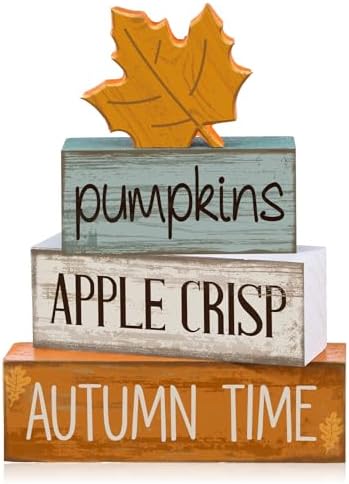 Lineshading 4 Pcs Fall Table Decor for Home, Wooden Maple Leaves Block Sign by Lineshading