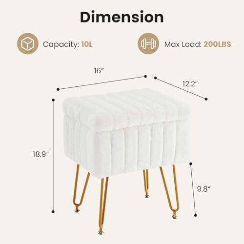 DUMOS Vanity Stool Chair Ottoman with Storage, Makeup Cute Soft Small Footstool Modern Style Faux Fur Seat with 4 Metal Legs & Adjustable Feet for Dressing Living Room Bedroom Dorm - Image 3