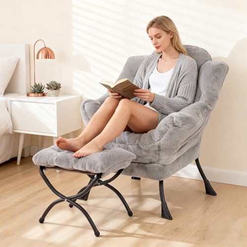 Welnow Lazy Chair with Ottoman, Reading Chair with Footrest, Grey - Image 2