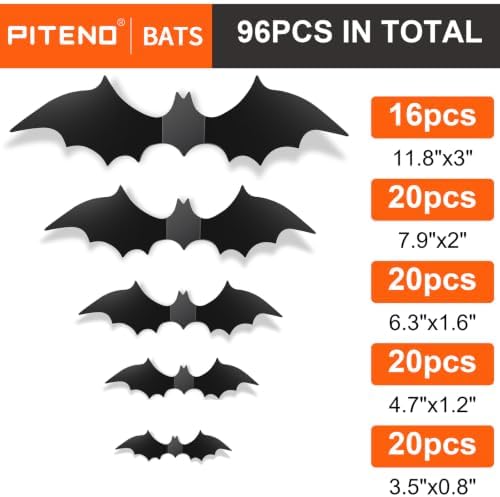 Piteno® 96Pcs Bats Halloween Decorations Party Supplies, Realistic PVC 3D Black Scary Bat Stickers for Creepy Home Decor Halloween Party Decorations DIY Wall Window Decal Bathroom Indoors (Large) - Image 2