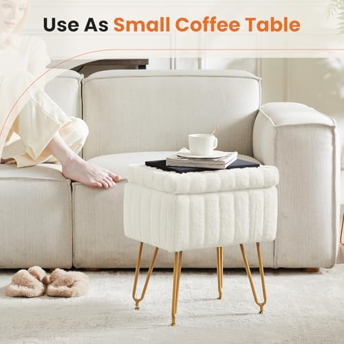 Sweetcrispy Vanity Stool Chair with Storage, Ottoman Faux Fur Soft Padded Makeup Footstools Seat with 4 Metal Legs Anti-Slip Adjustable Feet Modern Cute Small Footrest for Home Entryway Bedroom White - Image 5