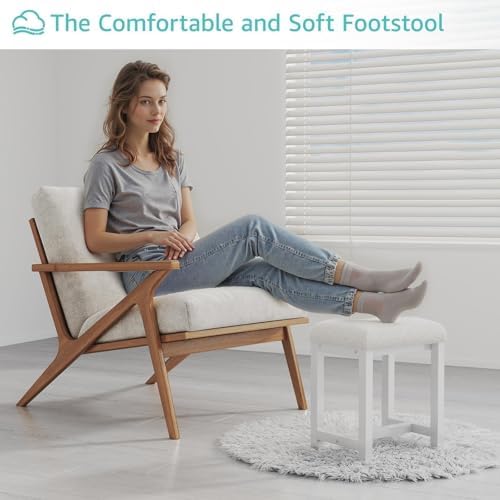 Small Faux Teddy Fur Vanity Stool, Cute Vanity Stools with Cushion, White Makeup Vanity Chair for Small Spaces, Living Room, Bedroom, Bathroom, Entryway, Ottoman Foot Rest for Couch Sillas Modern - Image 5