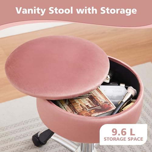 Adjustable Vanity Stool Storage Swivel Rolling Vanity Chair with Wheels - Image 4