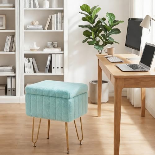 OLIXIS Vanity Stool Chair Faux Fur with Storage, Soft Ottoman 4 Metal Legs with Anti-Slip Feet, Makeup Cute Soft Small Footstool, Modern Style Faux Fur Seat for Makeup, Bedroom Dresser, Mint Green - Image 6