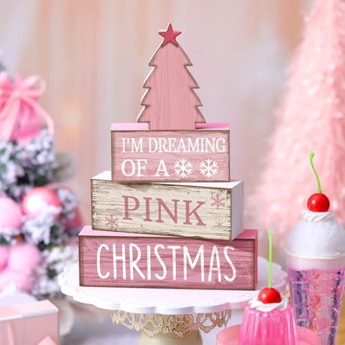 Lineshading 4 Pcs Pink Christmas Table Decor, Wooden Christmas Tree Signs - Image 4