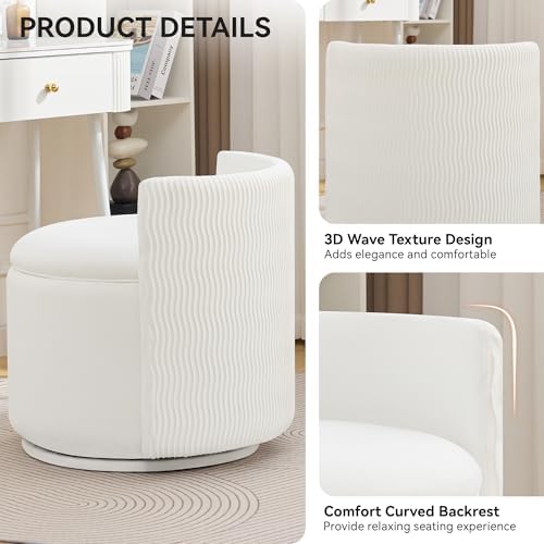 WUTUTUEE Large Velvet Vanity Chair with Storage, 360° Swivel Makeup Chair with Wave Back, No Assembly Small Accent Stool for Bedroom, Dressing, Living Room, White - Image 3