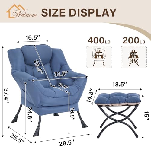 Welnow Lazy Chair with Ottoman, Reading Chair with Footrest,Royal Blue - Image 3