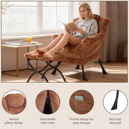 Welnow Lazy Chair with Ottoman, Reading Chair with Footrest, Brown - Image 4