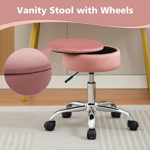 Adjustable Vanity Stool Storage Swivel Rolling Vanity Chair with Wheels - Image 3