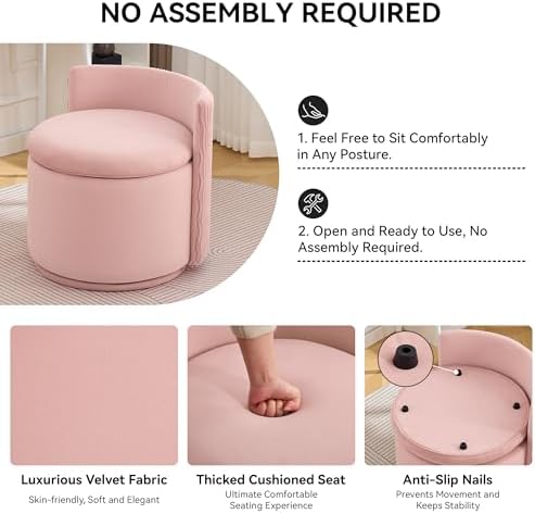 WUTUTUEE Large Velvet Vanity Chair with Storage, 360° Swivel Makeup Chair with Wave Back, No Assembly Small Accent Stool for Bedroom, Dressing, Living Room, Pink - Image 4