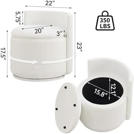 WUTUTUEE Large Velvet Vanity Chair with Storage, 360° Swivel Makeup Chair with Wave Back, No Assembly Small Accent Stool for Bedroom, Dressing, Living Room, White - Image 2